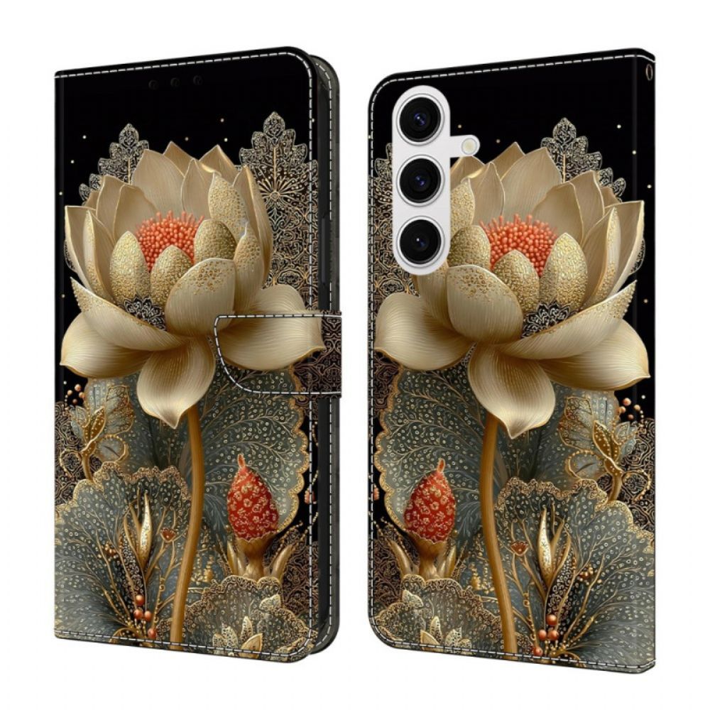 Leren Hoesje Voor Samsung Galaxy S26 Gouden Lotus