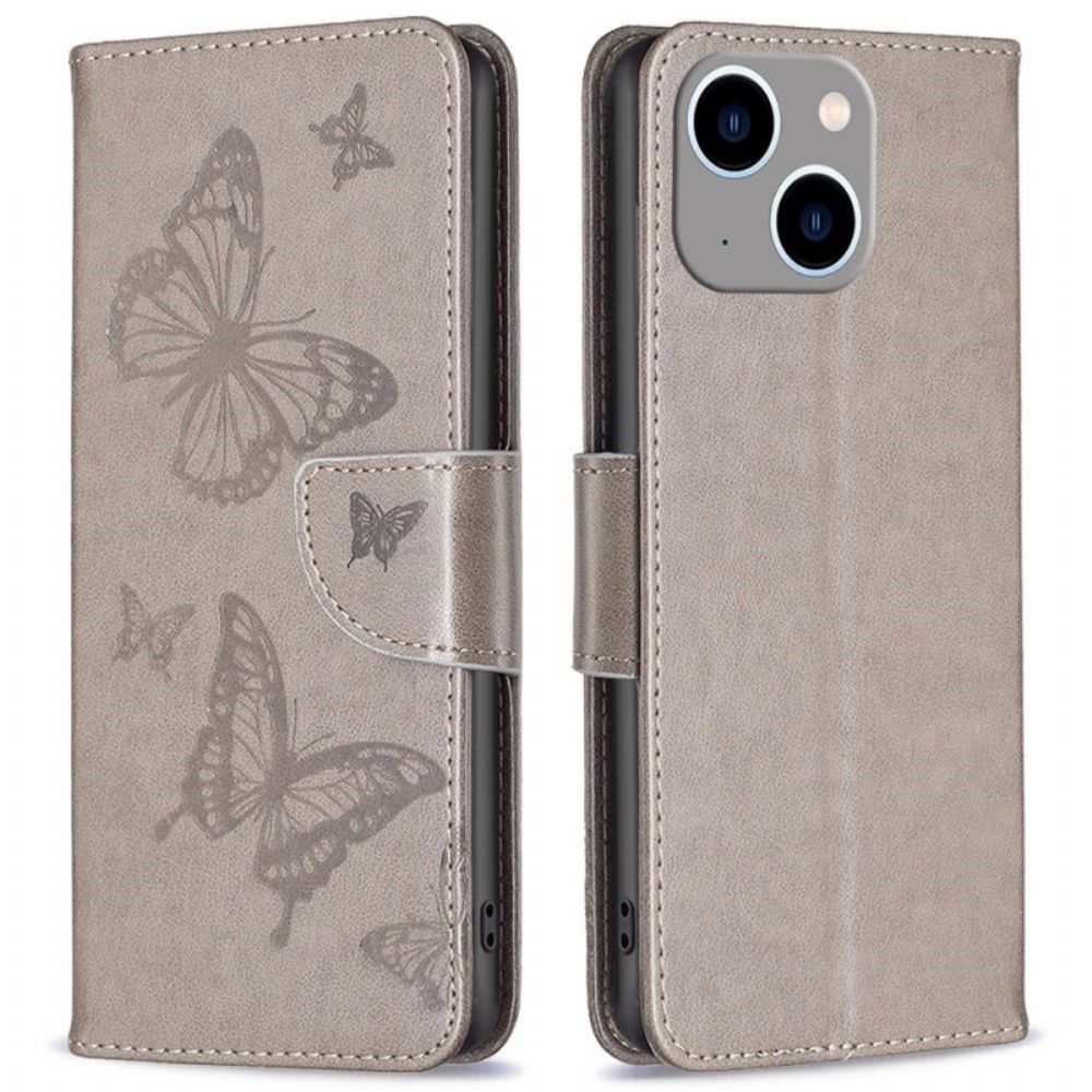Leren Hoesje voor iPhone 14 Plus Met Ketting Bandje Met Vlinderprint