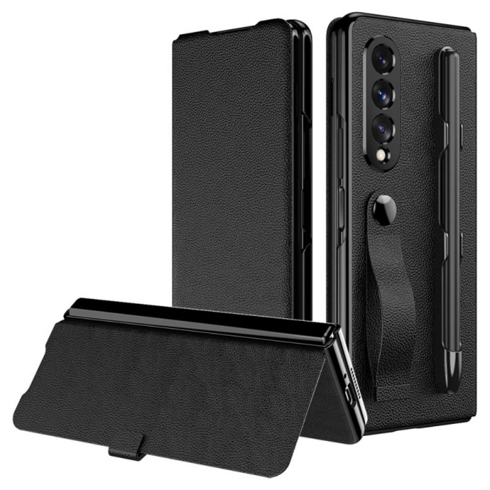 Bescherming Hoesje voor Samsung Galaxy Z Fold 3 5G Folio-hoesje Litchi Lederen Stijl Stylus Houder En Riem