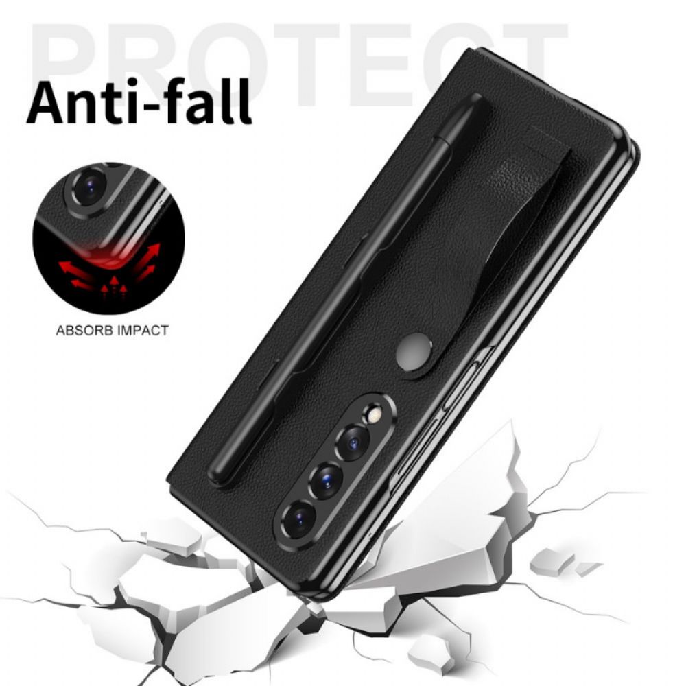 Bescherming Hoesje voor Samsung Galaxy Z Fold 3 5G Folio-hoesje Litchi Lederen Stijl Stylus Houder En Riem