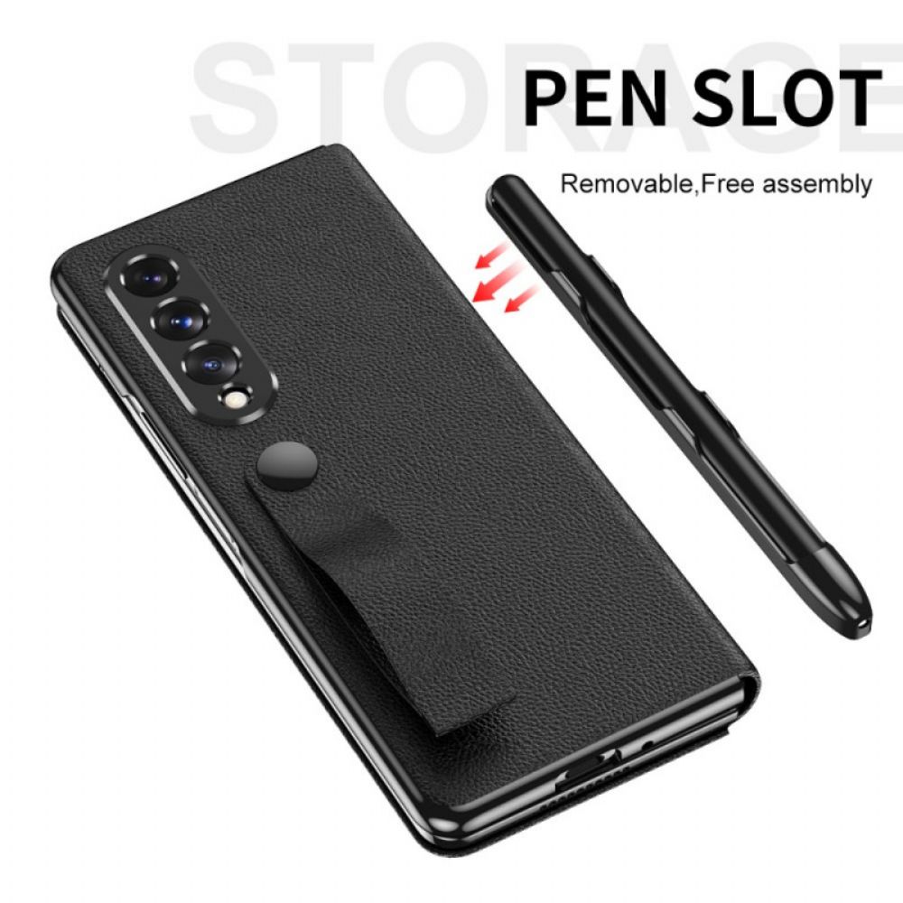 Bescherming Hoesje voor Samsung Galaxy Z Fold 3 5G Folio-hoesje Litchi Lederen Stijl Stylus Houder En Riem