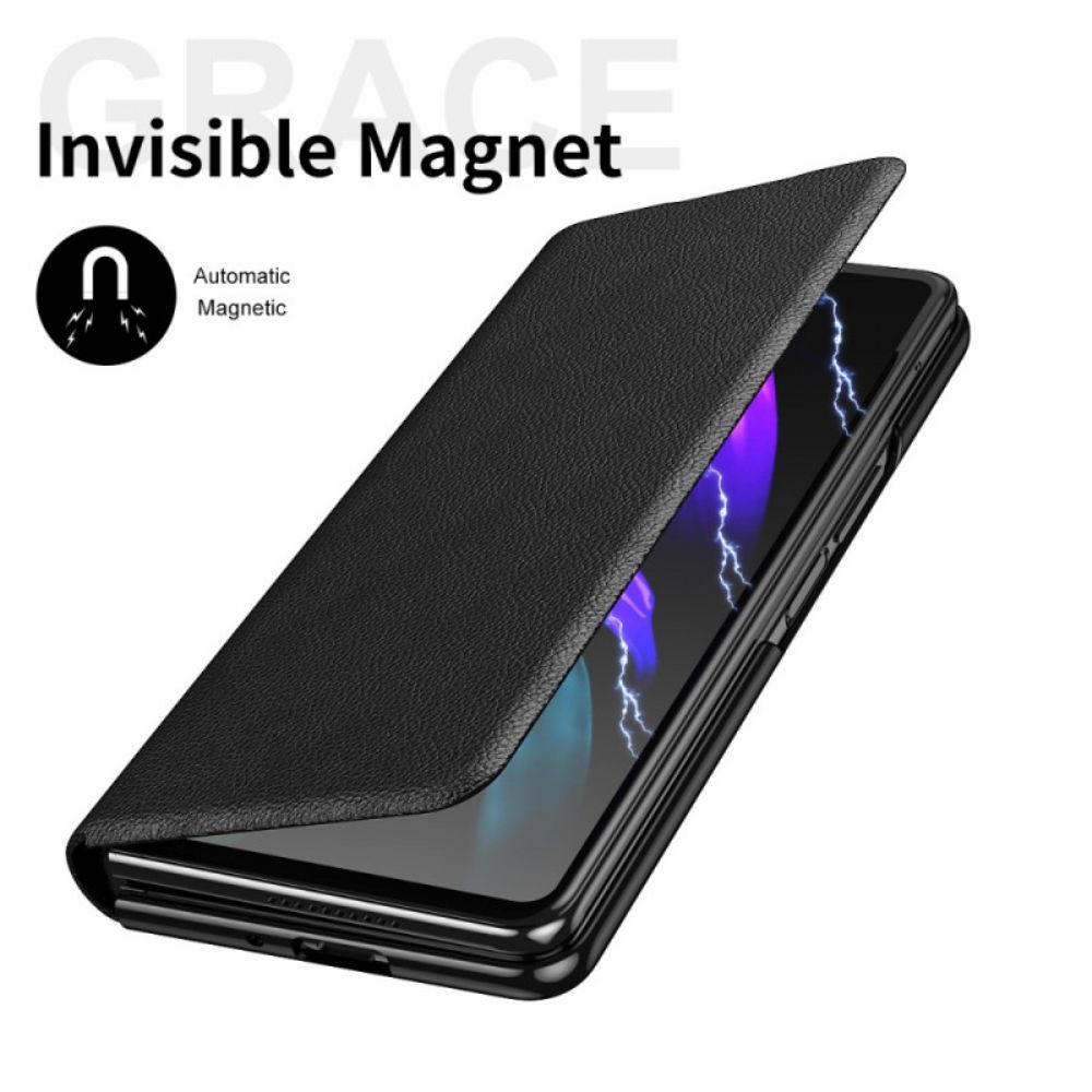 Bescherming Hoesje voor Samsung Galaxy Z Fold 3 5G Folio-hoesje Litchi Lederen Stijl Stylus Houder En Riem