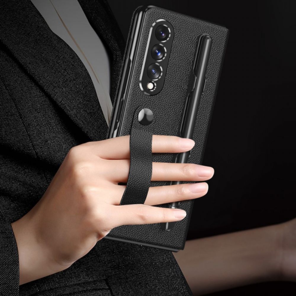 Bescherming Hoesje voor Samsung Galaxy Z Fold 3 5G Folio-hoesje Litchi Lederen Stijl Stylus Houder En Riem
