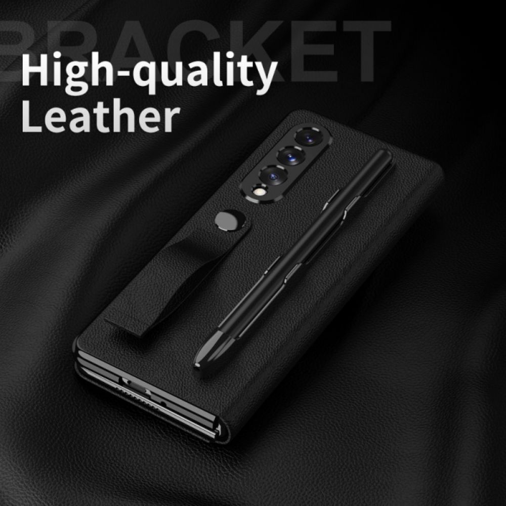 Bescherming Hoesje voor Samsung Galaxy Z Fold 3 5G Folio-hoesje Litchi Lederen Stijl Stylus Houder En Riem