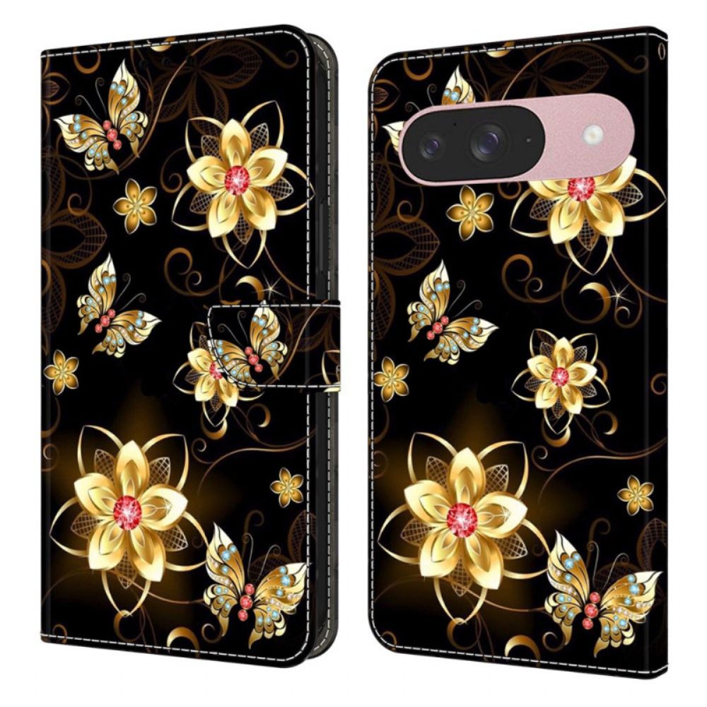 Folio-hoesje Google Pixel 10 / 10 Pro Telefoonhoesje Gouden Bloemen En Vlinders