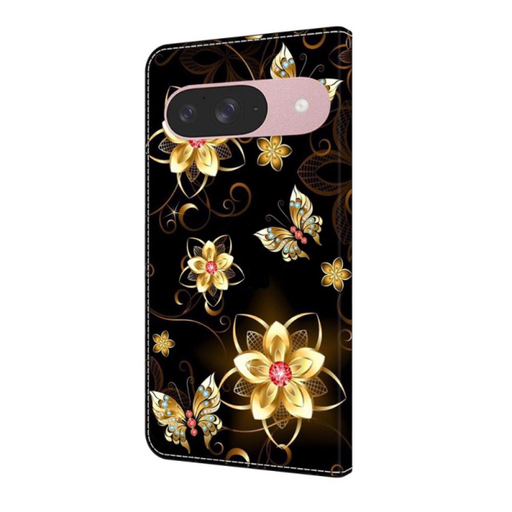 Folio-hoesje Google Pixel 10 / 10 Pro Telefoonhoesje Gouden Bloemen En Vlinders