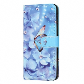 Bescherming Hoesje Xiaomi Redmi Note 13 4g Blauwe Bloemen En Vlinder Met Riempje