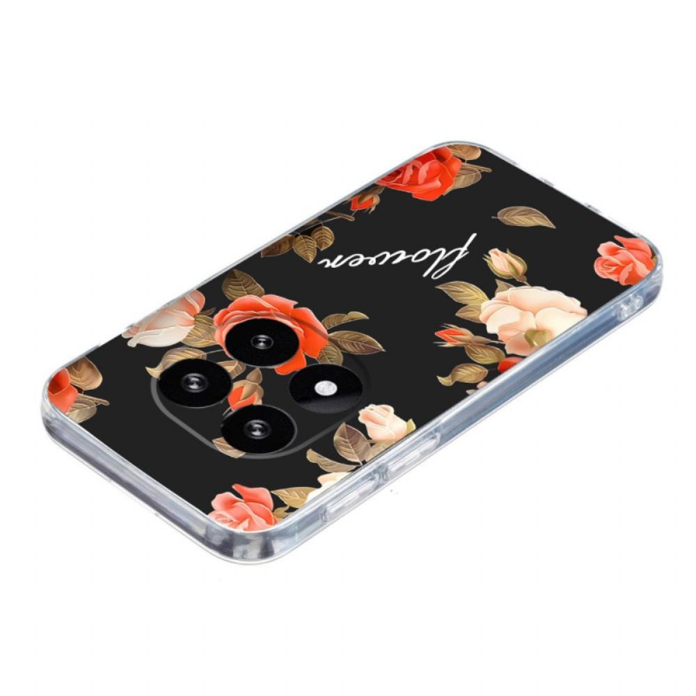 Case Hoesje Xiaomi Redmi Note 14 Pro 5g Telefoonhoesje Bloemen Op Een Zwarte Achtergrond