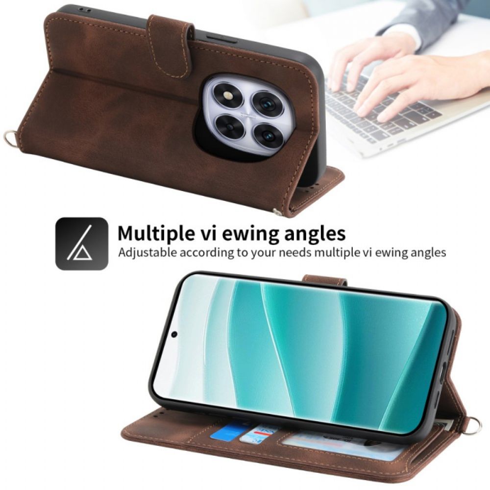 Leren Hoesje Voor Xiaomi Redmi Note 14 Pro 5g Kantpatroon Met Bandje En Schouderband