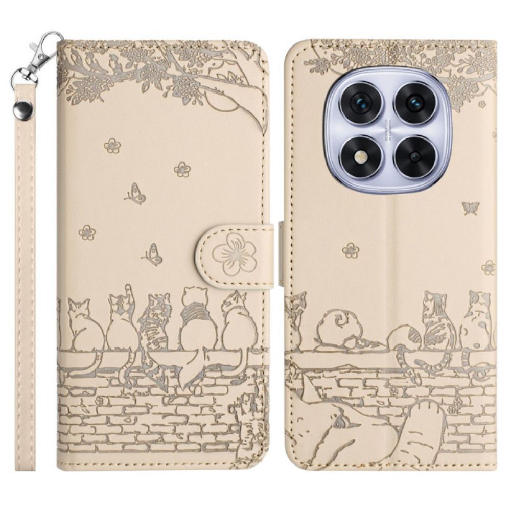 Leren Hoesje Voor Xiaomi Redmi Note 14 Pro 5g Kattenpatroon Met Bandje