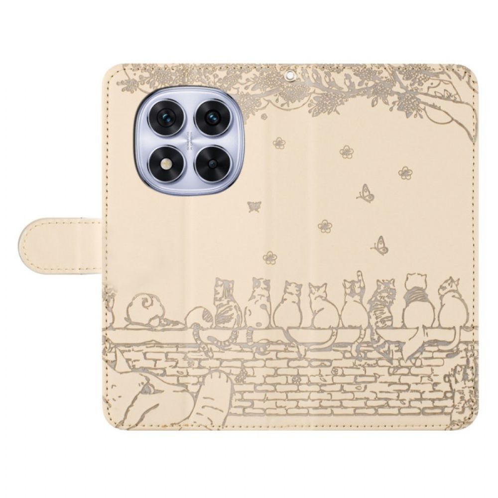 Leren Hoesje Voor Xiaomi Redmi Note 14 Pro 5g Kattenpatroon Met Bandje