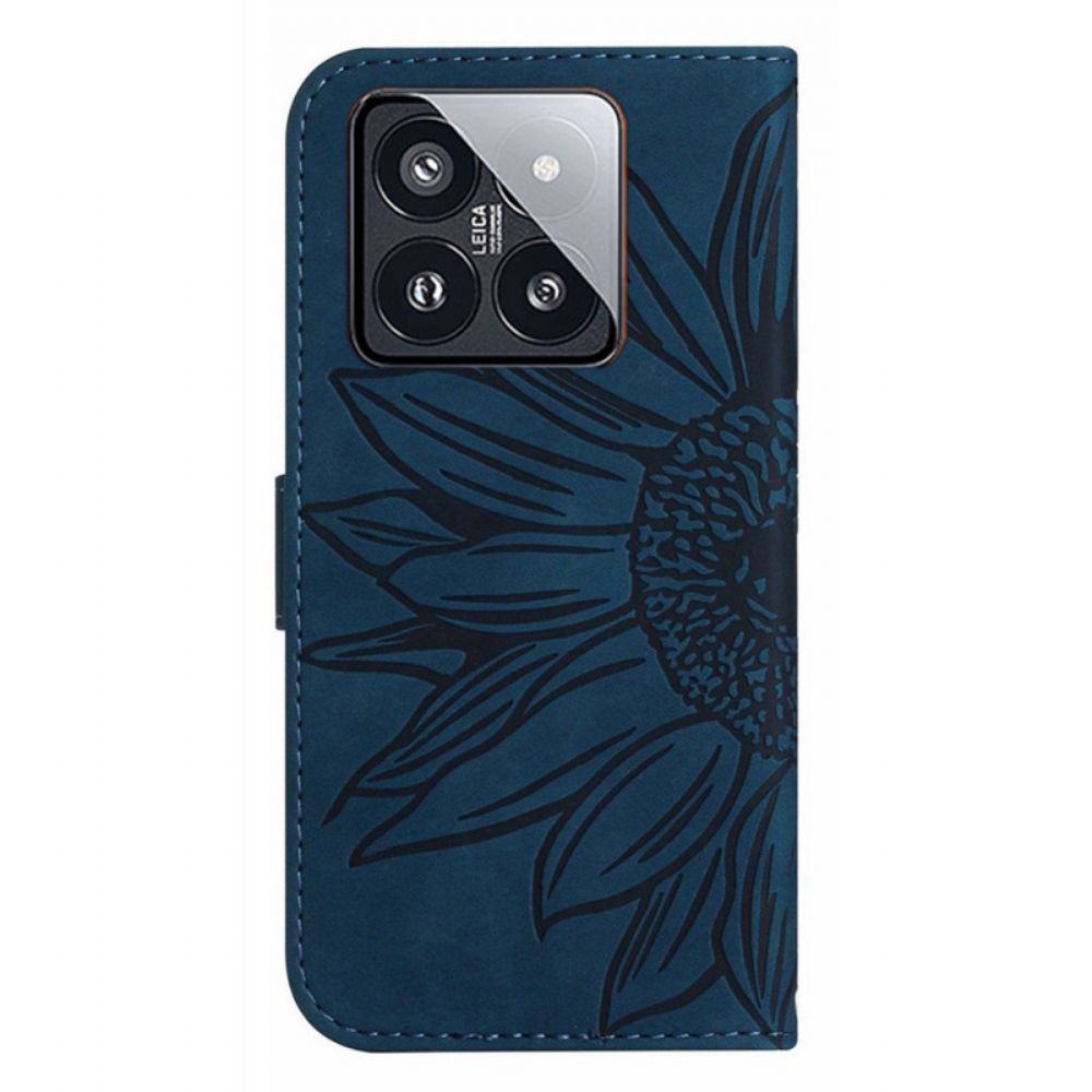 Leren Hoesje Xiaomi 14 Zonnebloem Met Riempje Bescherming Hoesje
