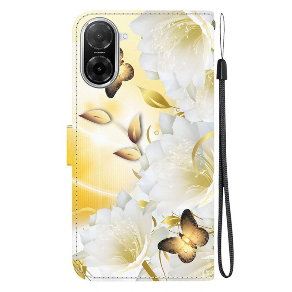 Folio-hoesje Poco C71 Telefoonhoesje Gouden Vlinders En Witte Bloemen