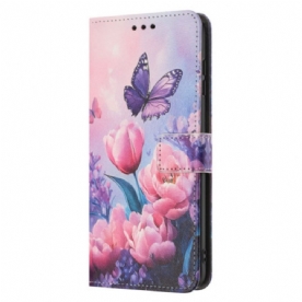 Folio-hoesje Poco C71 Telefoonhoesje Vlinders En Roze Bloemen