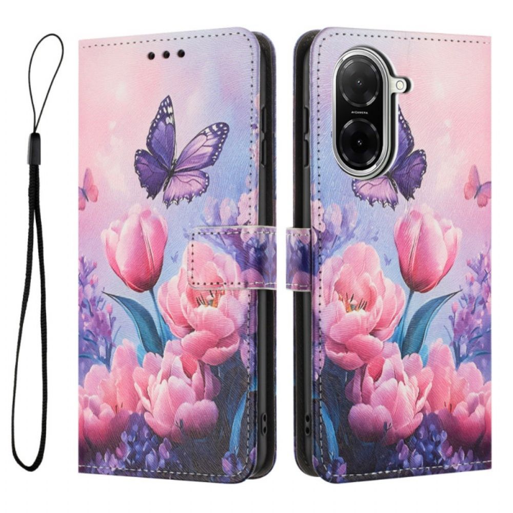 Folio-hoesje Poco C71 Telefoonhoesje Vlinders En Roze Bloemen