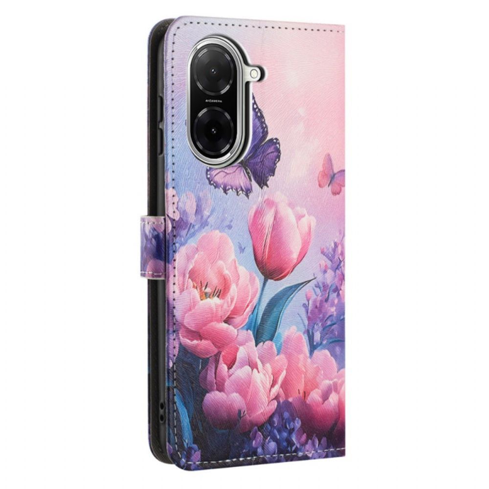 Folio-hoesje Poco C71 Telefoonhoesje Vlinders En Roze Bloemen