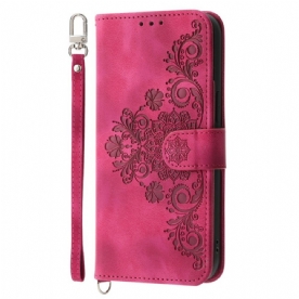 Leren Hoesje Poco C71 Bloemenkant Met Koord En Schouderband