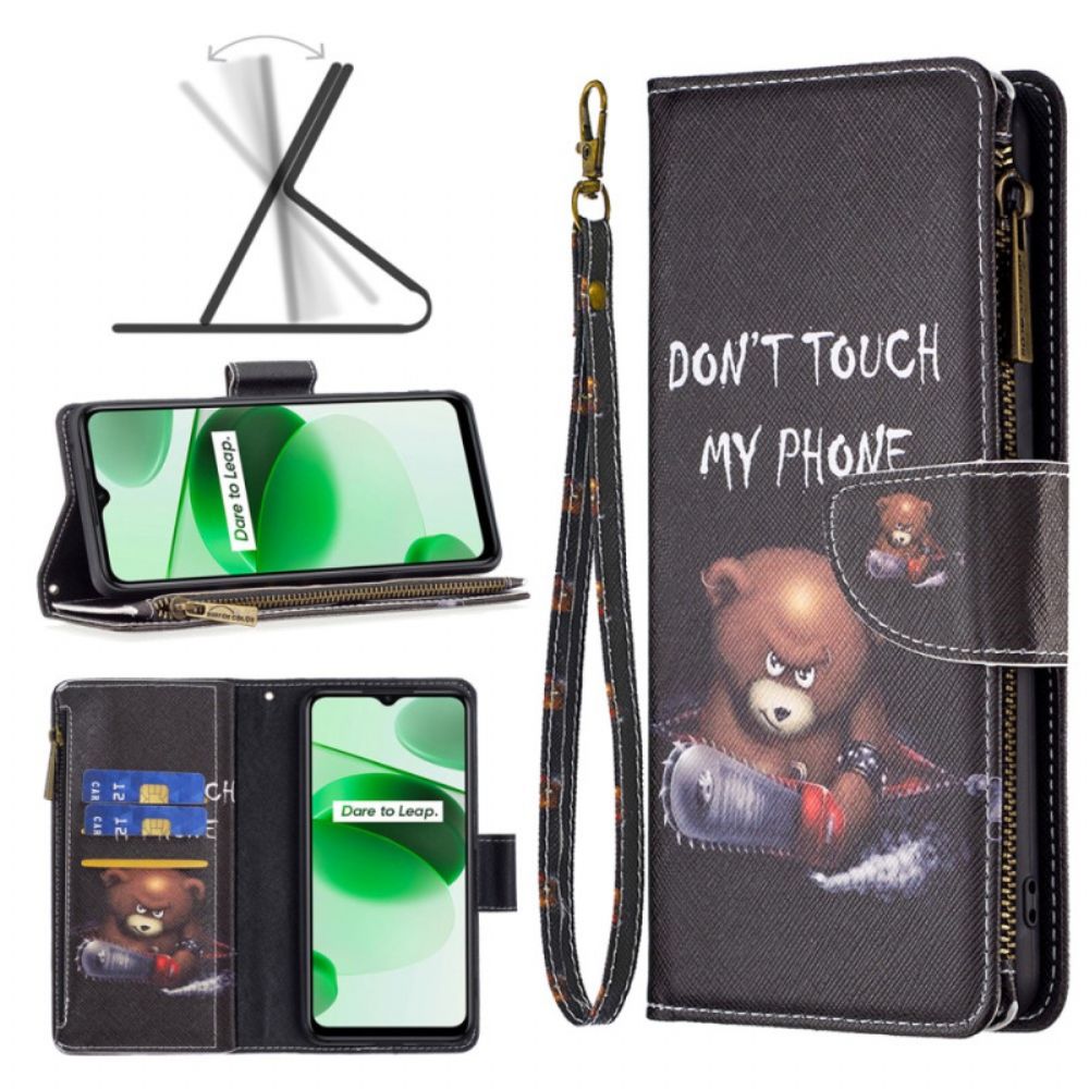 Leren Hoesje voor Realme C35 Met Ketting Gevaarlijke Beer Met Riempje Met Rits
