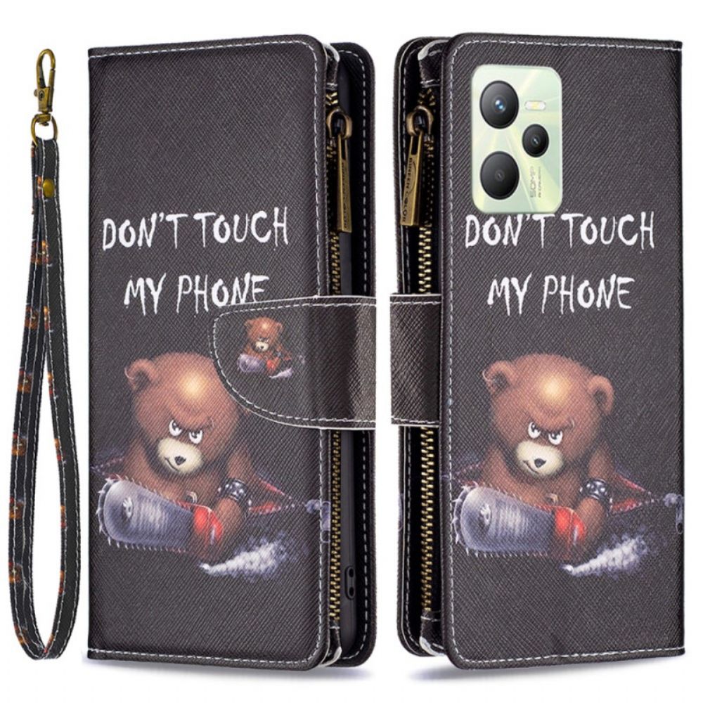 Leren Hoesje voor Realme C35 Met Ketting Gevaarlijke Beer Met Riempje Met Rits