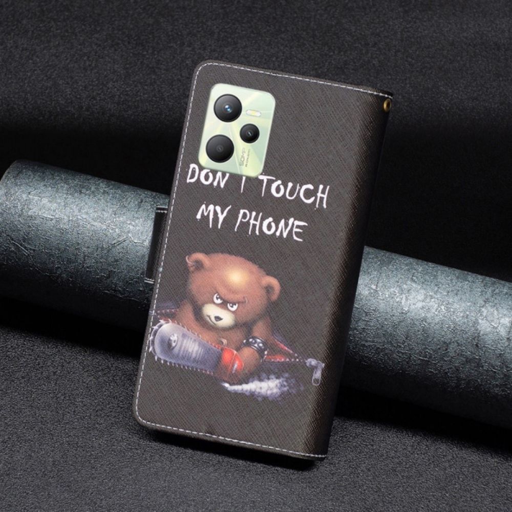 Leren Hoesje voor Realme C35 Met Ketting Gevaarlijke Beer Met Riempje Met Rits