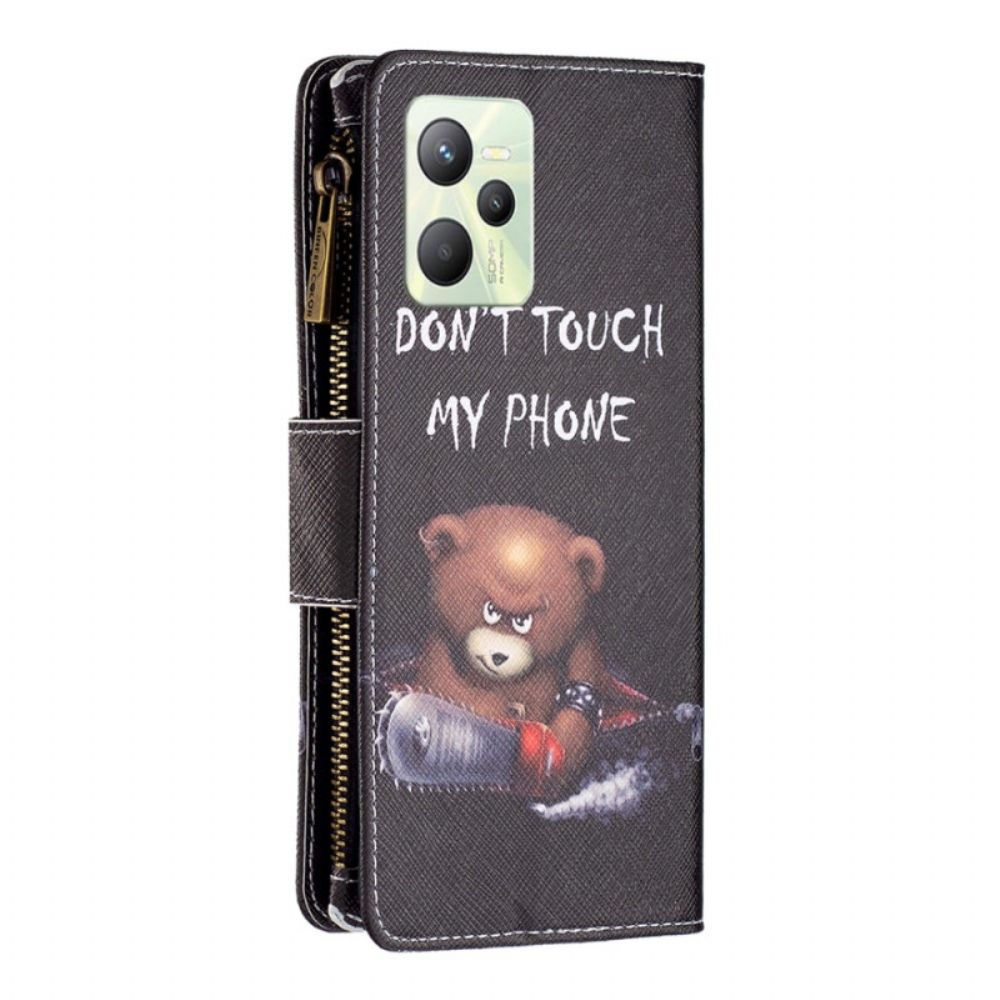 Leren Hoesje voor Realme C35 Met Ketting Gevaarlijke Beer Met Riempje Met Rits