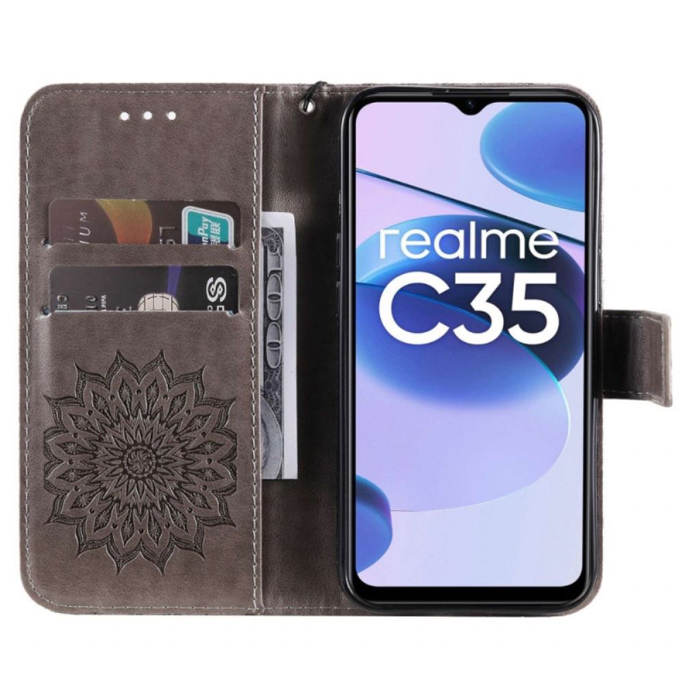 Leren Hoesje voor Realme C35 Met Ketting Zonneband Mandala