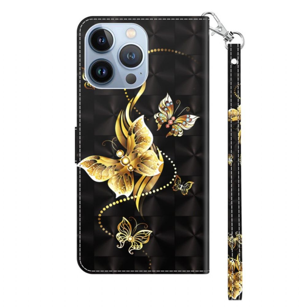 Folio-hoesje voor iPhone 14 Pro Met Ketting Gouden Band Vlinders