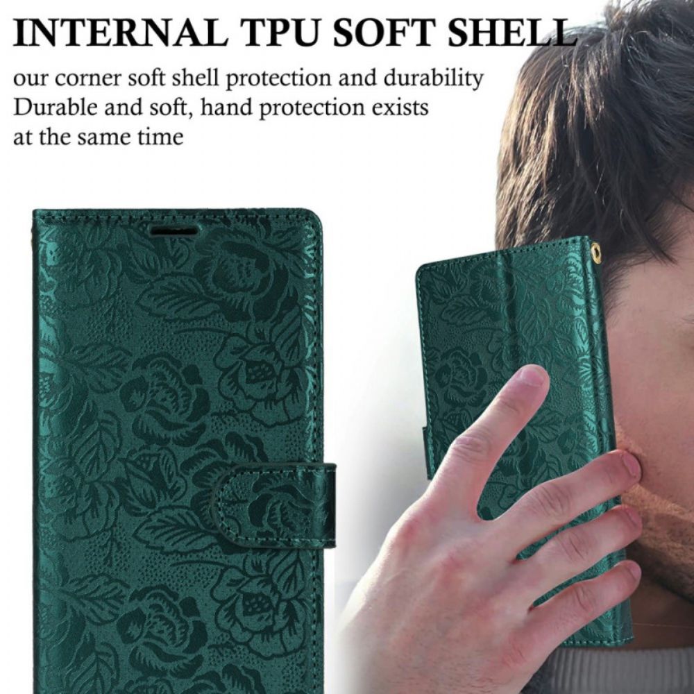 Leren Hoesje Voor Samsung Galaxy S25 5g Koord Met Bloemenprint