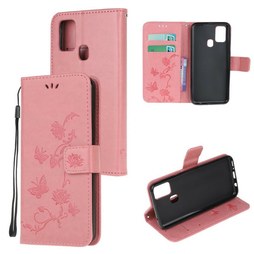 Leren Hoesje voor Samsung Galaxy M21 Met Ketting Thong Vlinders En Bloemen