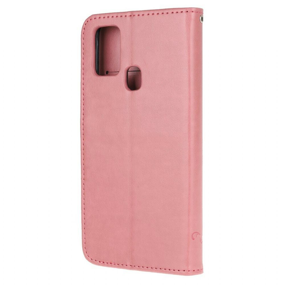 Leren Hoesje voor Samsung Galaxy M21 Met Ketting Thong Vlinders En Bloemen