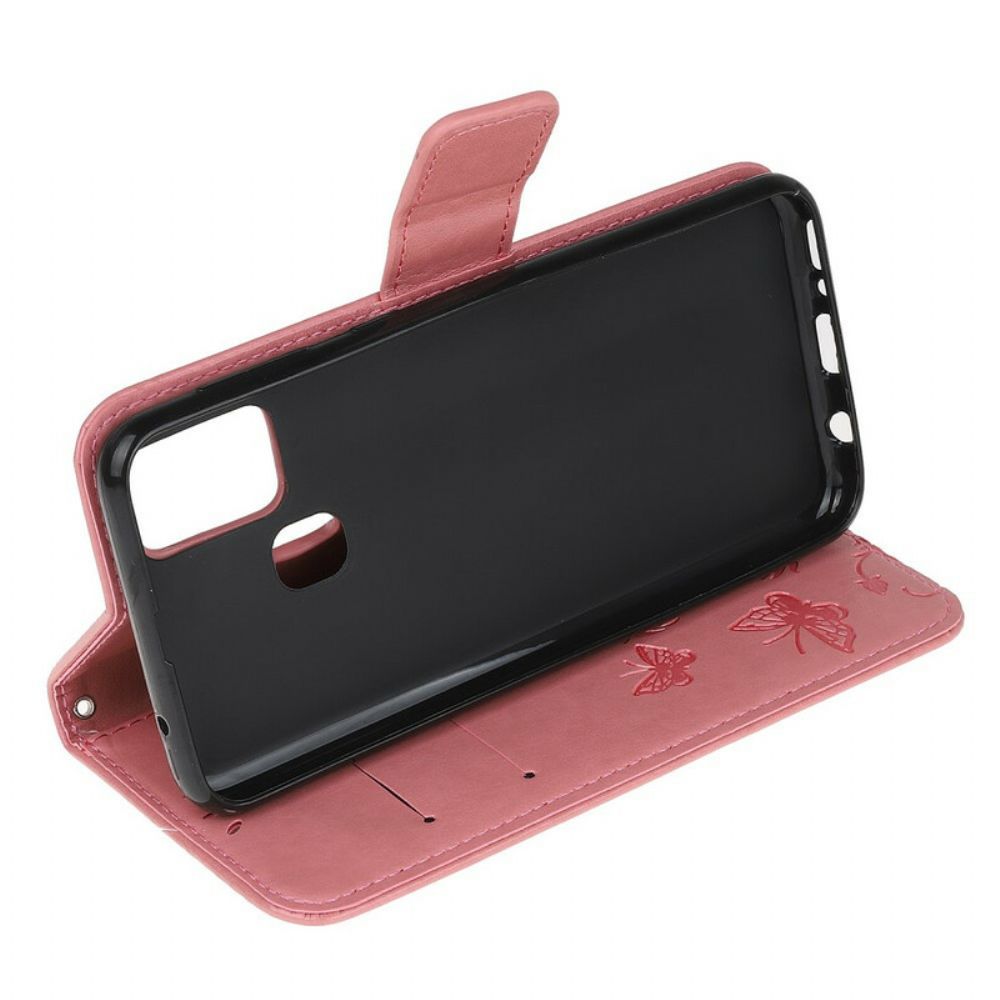 Leren Hoesje voor Samsung Galaxy M21 Met Ketting Thong Vlinders En Bloemen