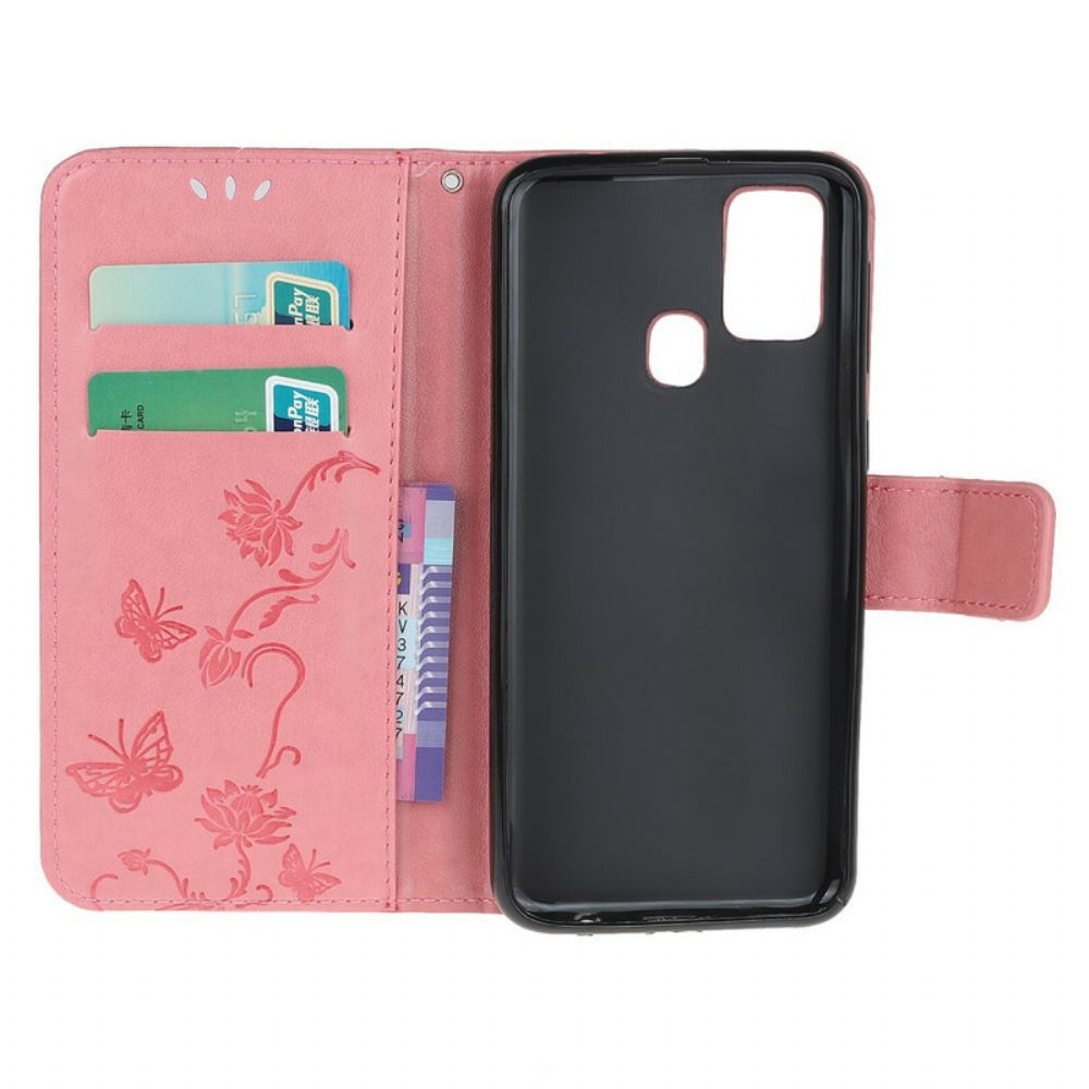 Leren Hoesje voor Samsung Galaxy M21 Met Ketting Thong Vlinders En Bloemen