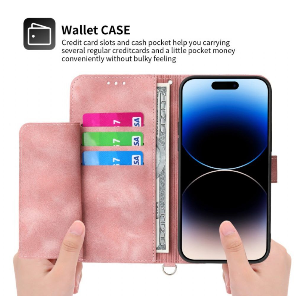 Leren Hoesje iPhone 16 Pro Kantpatroon Met Band En Schouderband Bescherming Hoesje