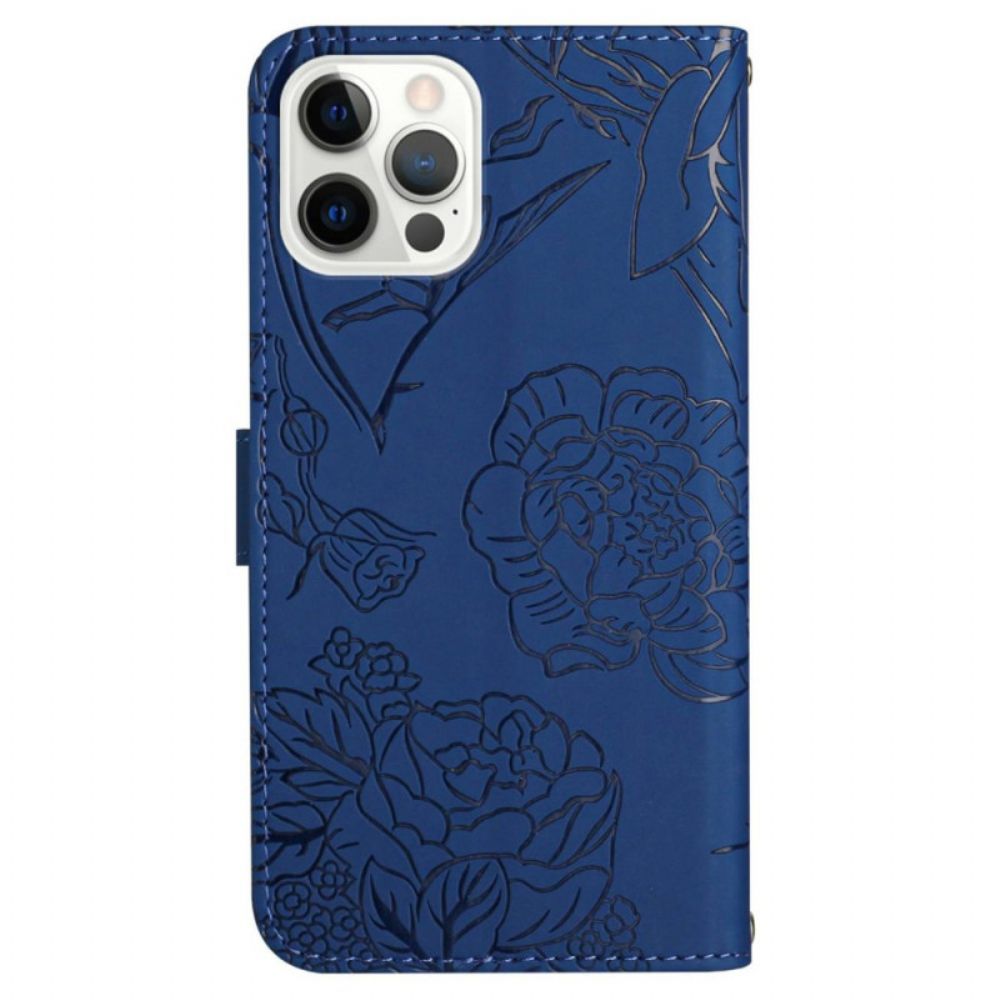 Leren Hoesje iPhone 16 Pro Vlinderprint Met Schouderband Bescherming Hoesje