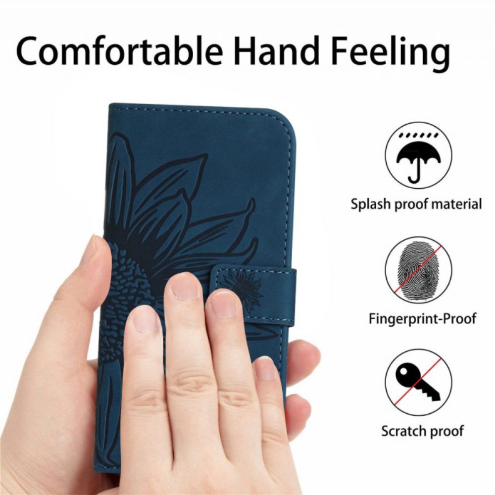 Leren Hoesje iPhone 16 Pro Zonnebloemprint Met Schouderband Bescherming Hoesje