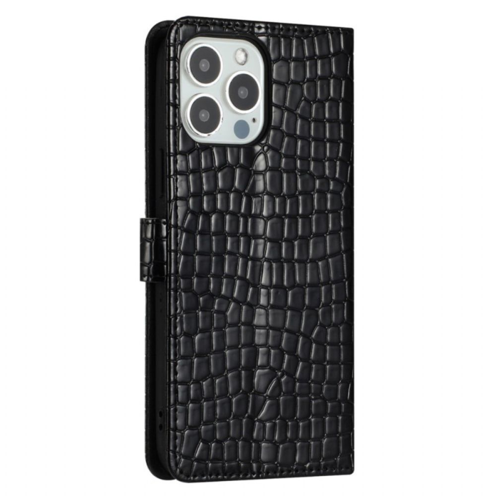 Leren Hoesje Voor iPhone 16 Pro Krokodilstijl Met Riem