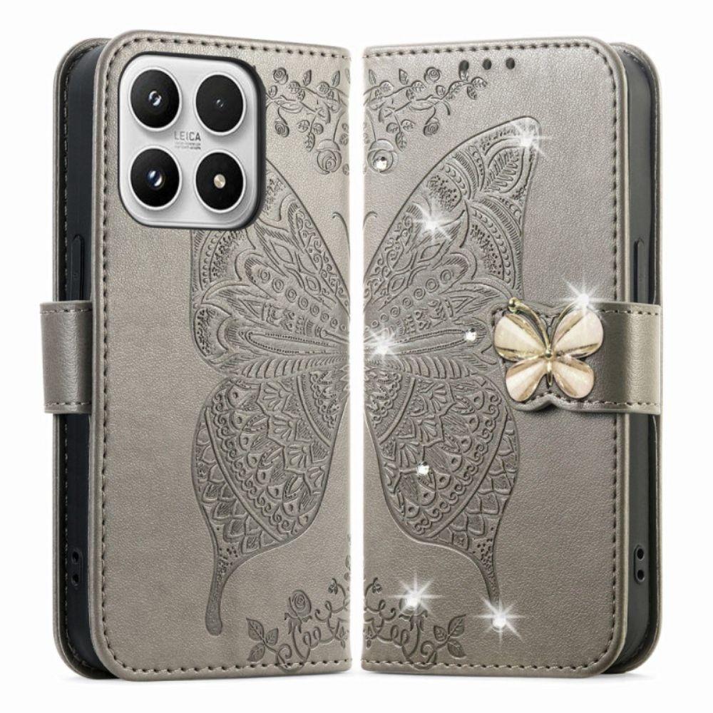Leren Hoesje Voor Xiaomi 17 3d-vlinder En Strass-steentjes