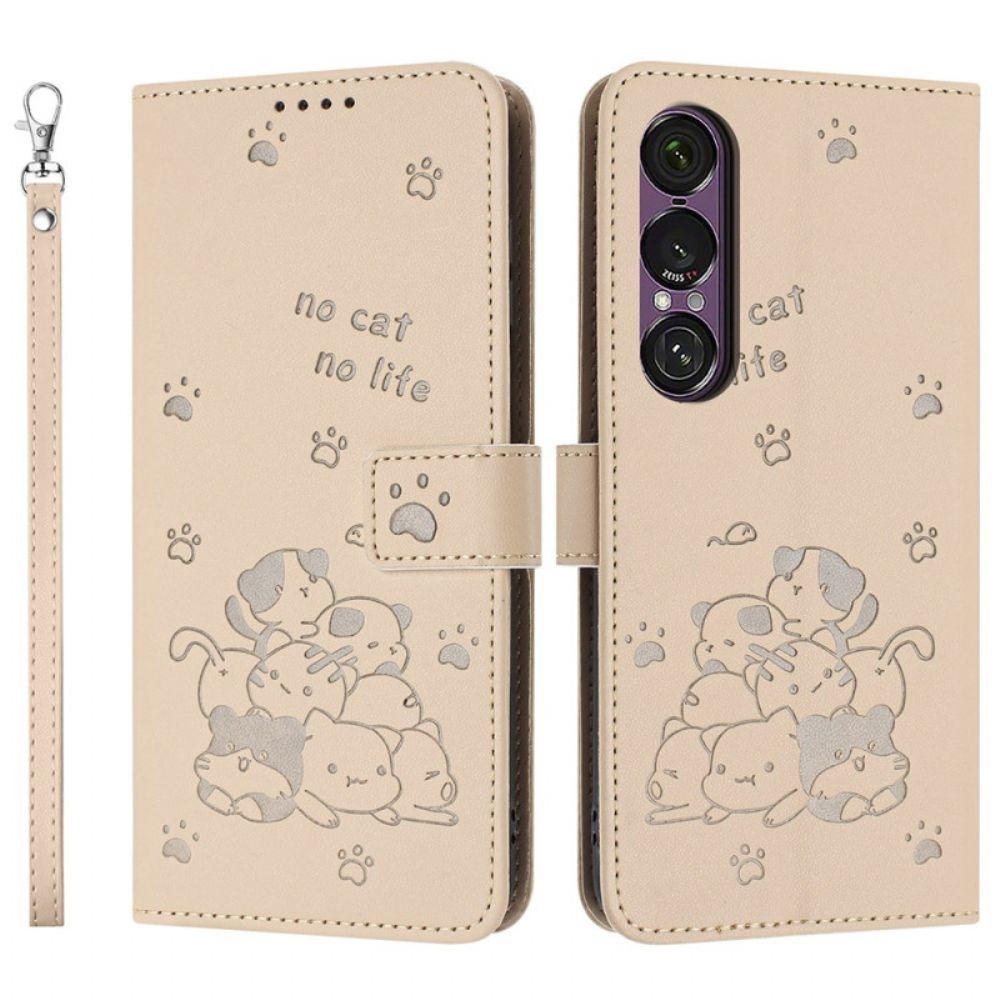 Flip Case Leren Sony Xperia 1 Vii Cartoonkatten Met Bandjes