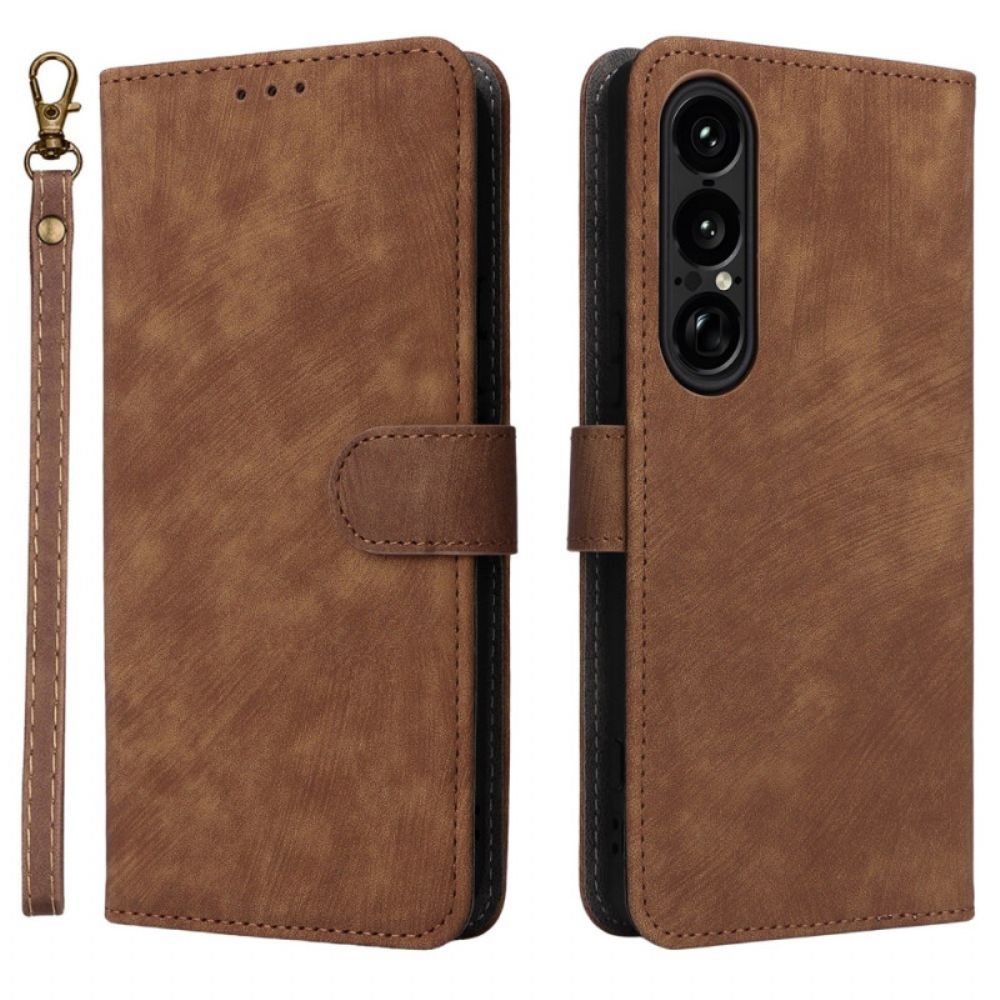 Flip Case Leren Sony Xperia 1 Vii Rfid-bescherming En Bandje