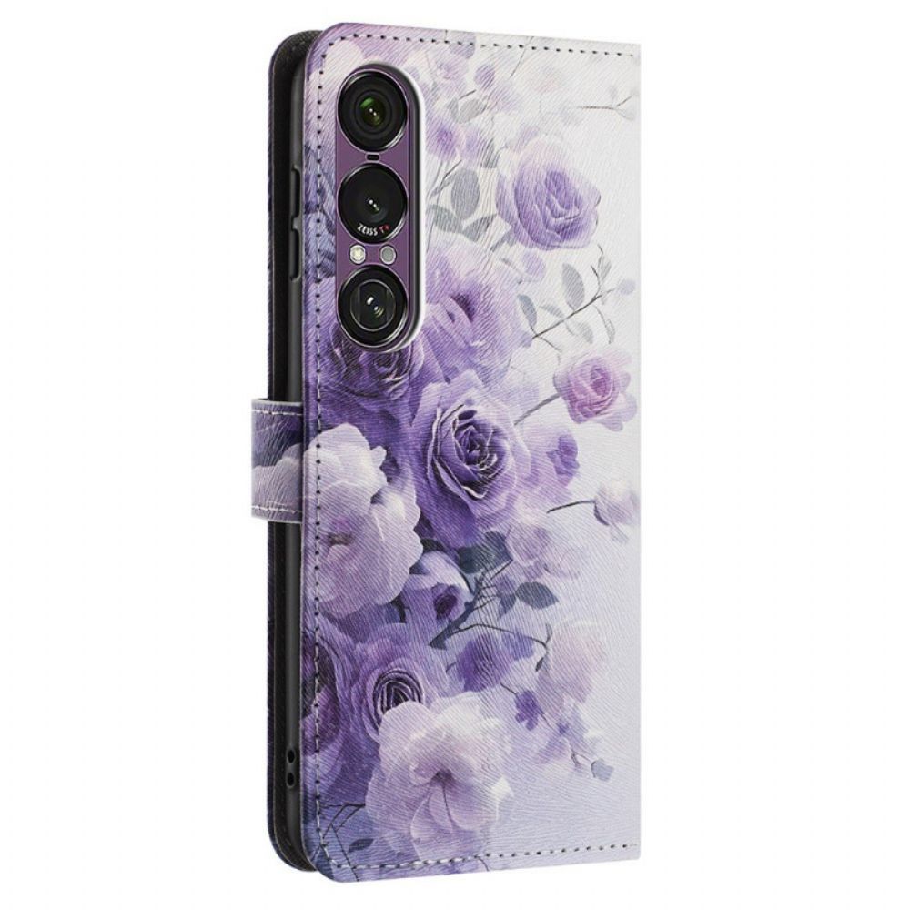 Leren Hoesje Sony Xperia 1 Vii Paarse Rozen Bescherming Hoesje