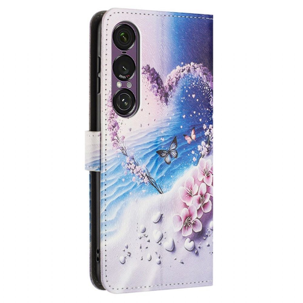 Leren Hoesje Sony Xperia 1 Vii Vlinder En Hart Bescherming Hoesje