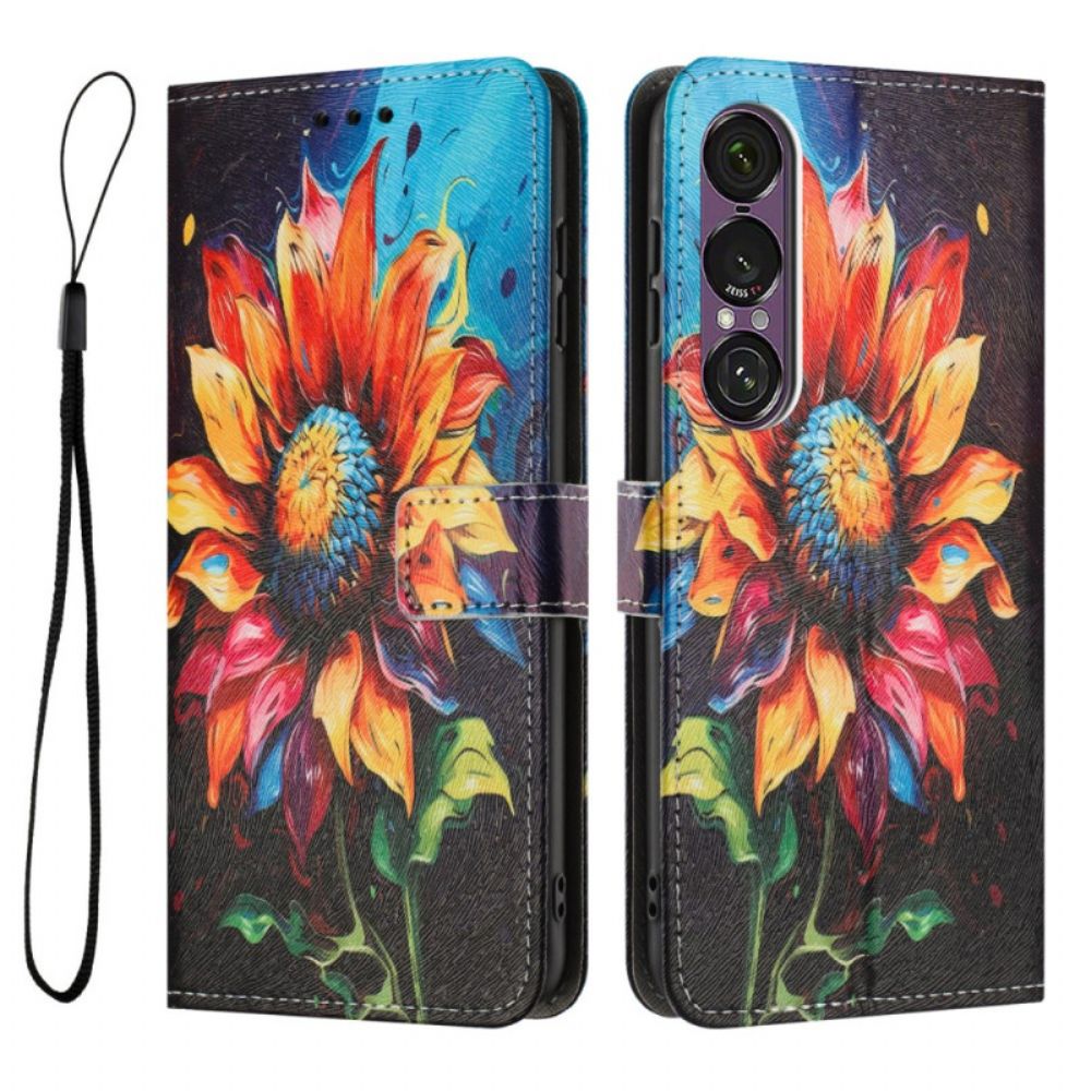 Leren Hoesje Sony Xperia 1 Vii Zonnebloempatroon Bescherming Hoesje