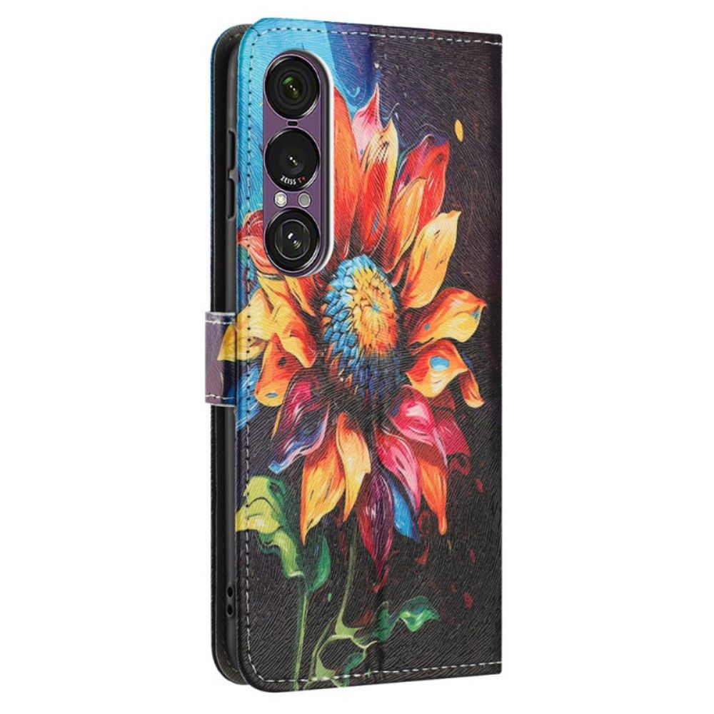 Leren Hoesje Sony Xperia 1 Vii Zonnebloempatroon Bescherming Hoesje