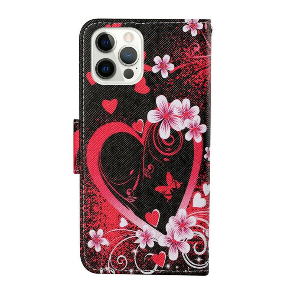 Folio-hoesje voor iPhone 13 Pro Bloemen En Harten Met Lanyard