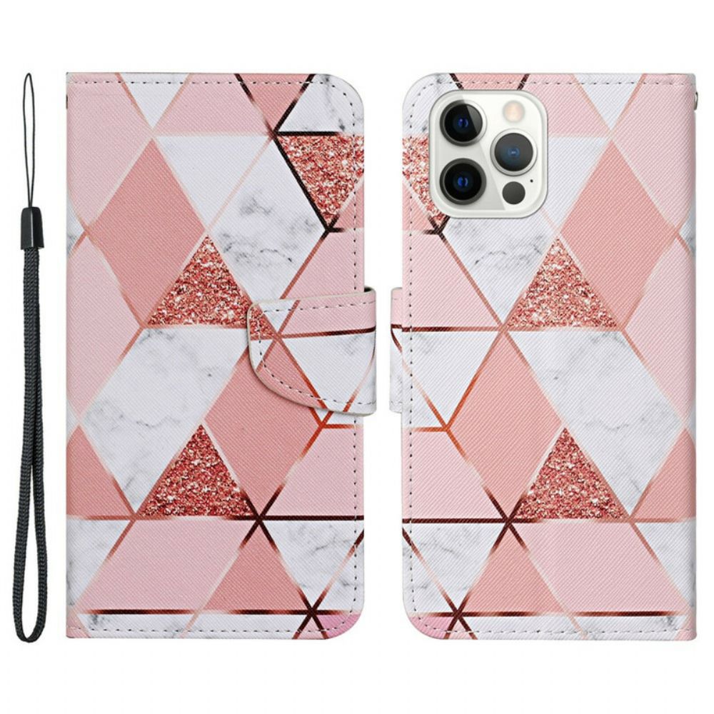 Folio-hoesje voor iPhone 13 Pro Marmer En Glitter Met Riem