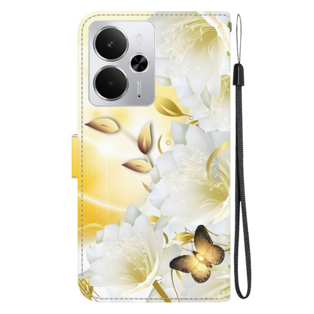 Folio-hoesje Realme 14 5g Telefoonhoesje Gouden Vlinders En Witte Bloemen
