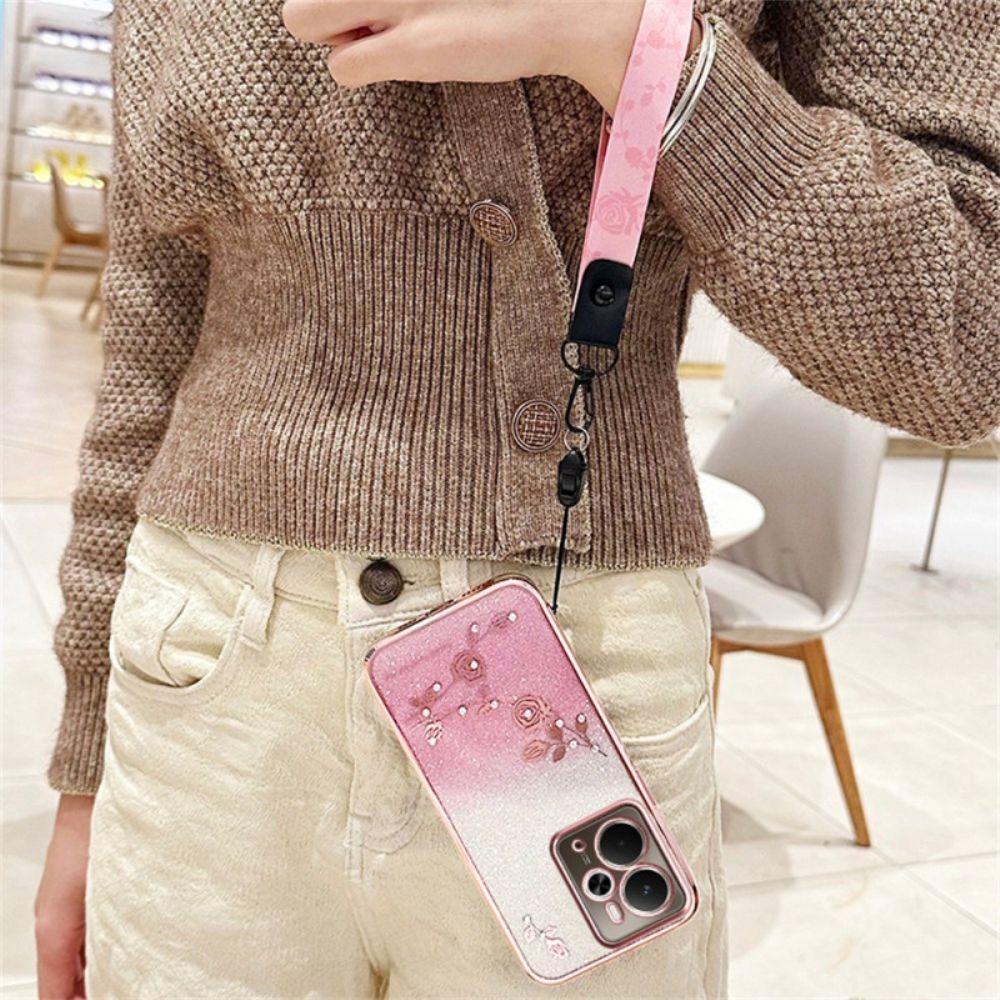 Hoesje Realme 14 5g Kadem Bloemen En Strass-steentjes Met Koord