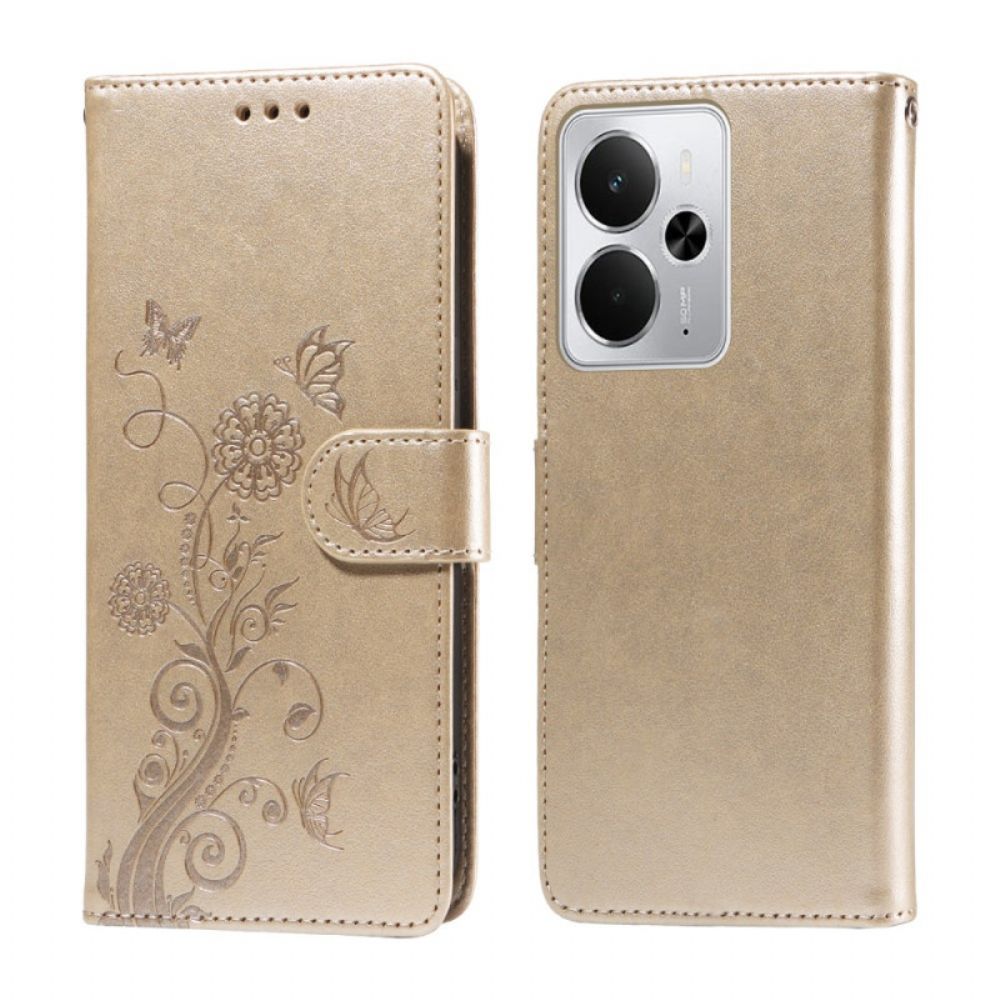 Leren Hoesje Realme 14 5g Bloemen En Vlinders