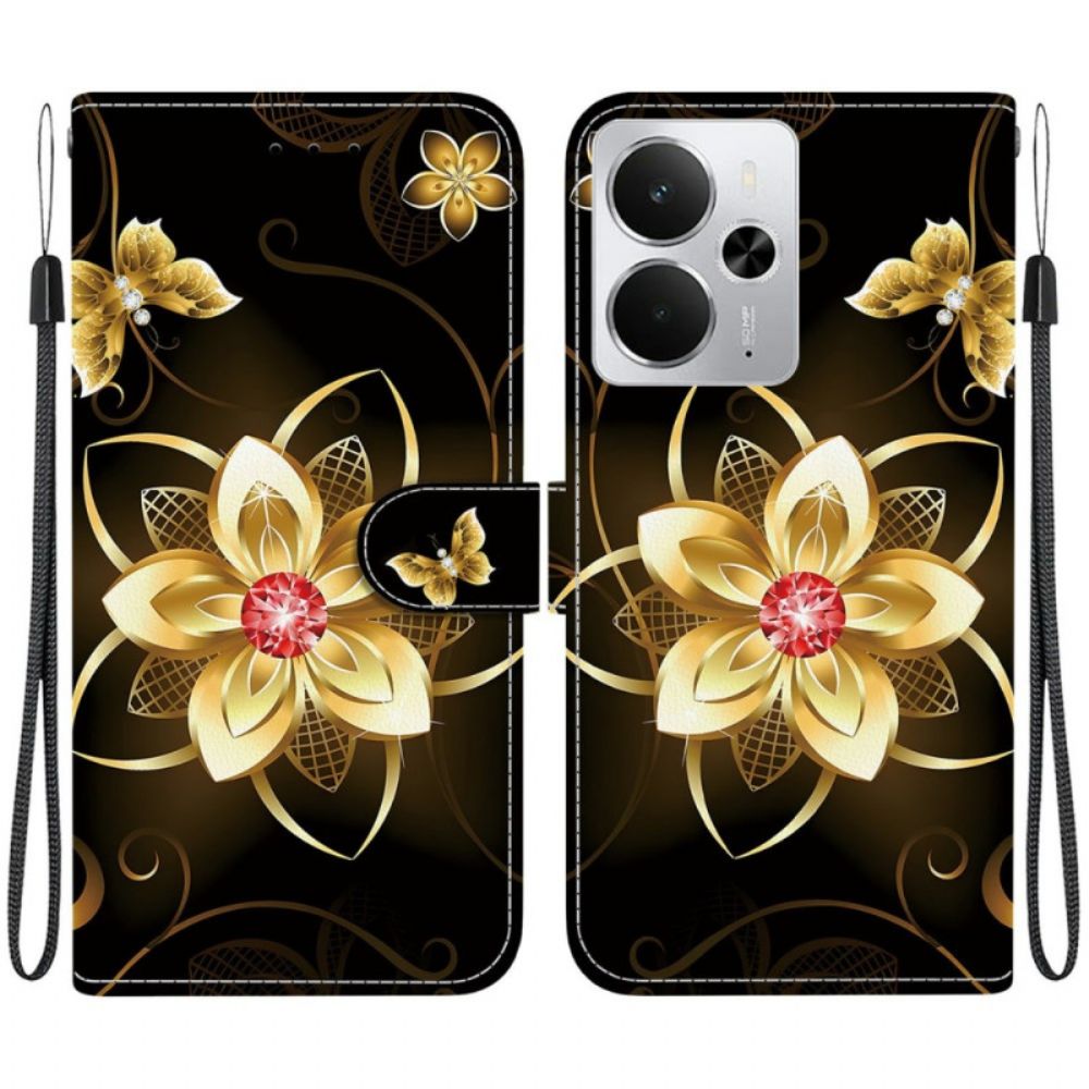 Leren Hoesje Realme 14 5g Gouden Bloemenpatroon Bescherming Hoesje