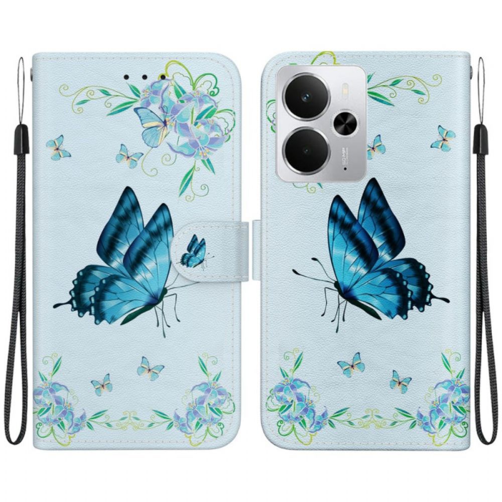 Leren Hoesje Voor Realme 14 5g Blauwe Vlinder En Bloemen